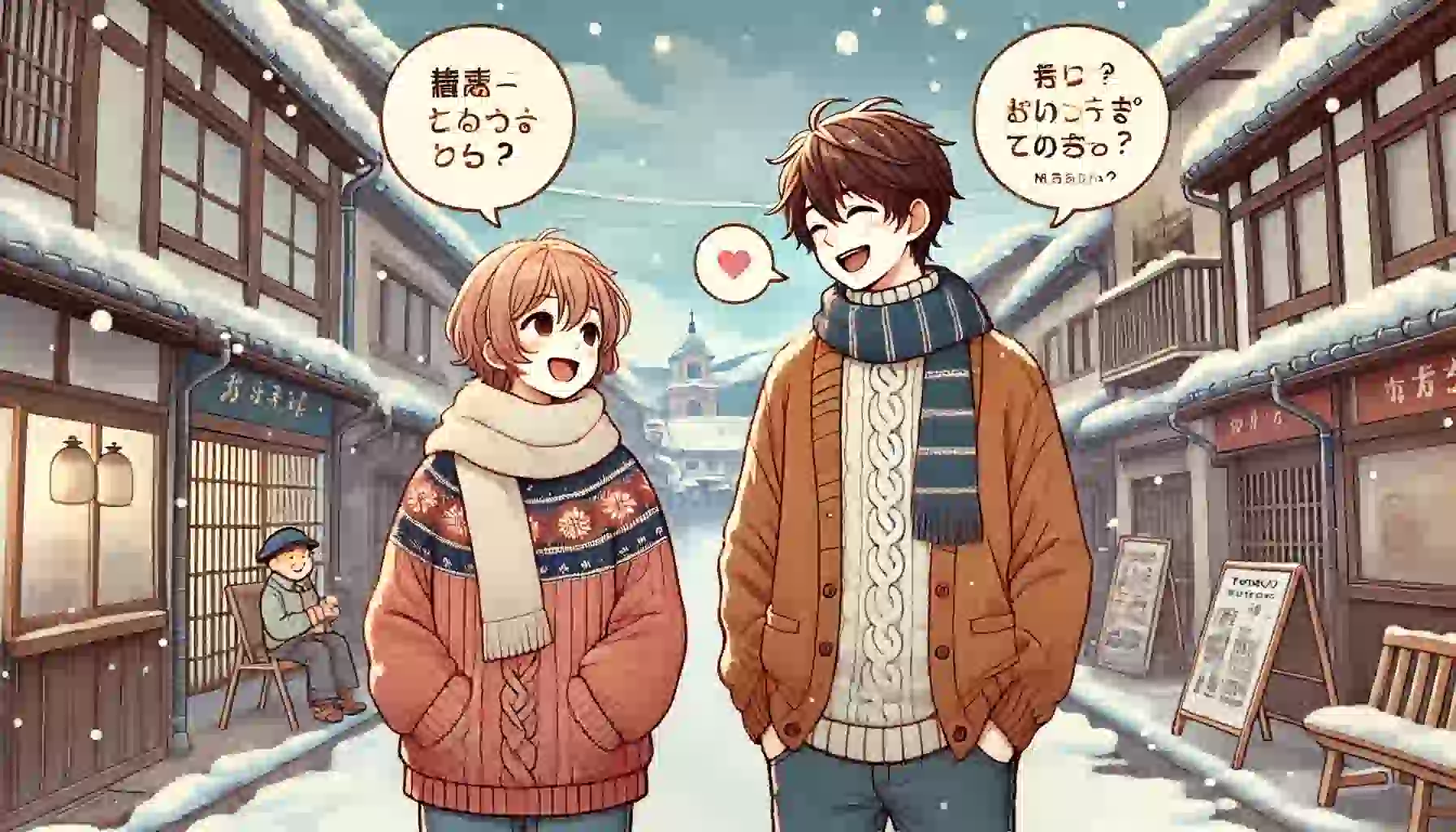 東北の冬の町並みで、親しみやすい会話が描かれています