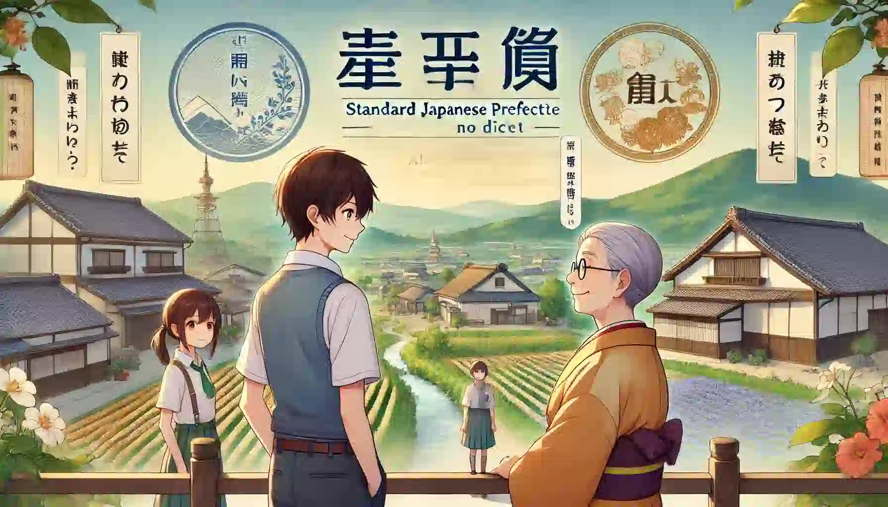 「方言がない県」に基づいたアニメ風画像です。茨城県の地理や文化の特徴を背景に、標準語の県らしい雰囲気を表現