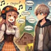 方言のメリットとデメリットを象徴するアニメ風のイメージ。画面左側には、楽しそうに方言を話すキャラクターが描かれ、周囲に音符や方言の吹き出しが出ており、親しみやすい雰囲気が表現されています