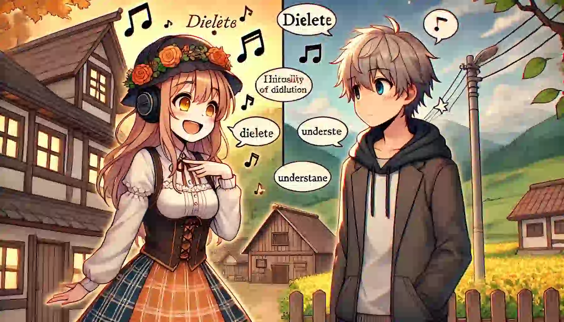 方言のメリットとデメリットを象徴するアニメ風のイメージ。画面左側には、楽しそうに方言を話すキャラクターが描かれ、周囲に音符や方言の吹き出しが出ており、親しみやすい雰囲気が表現されています