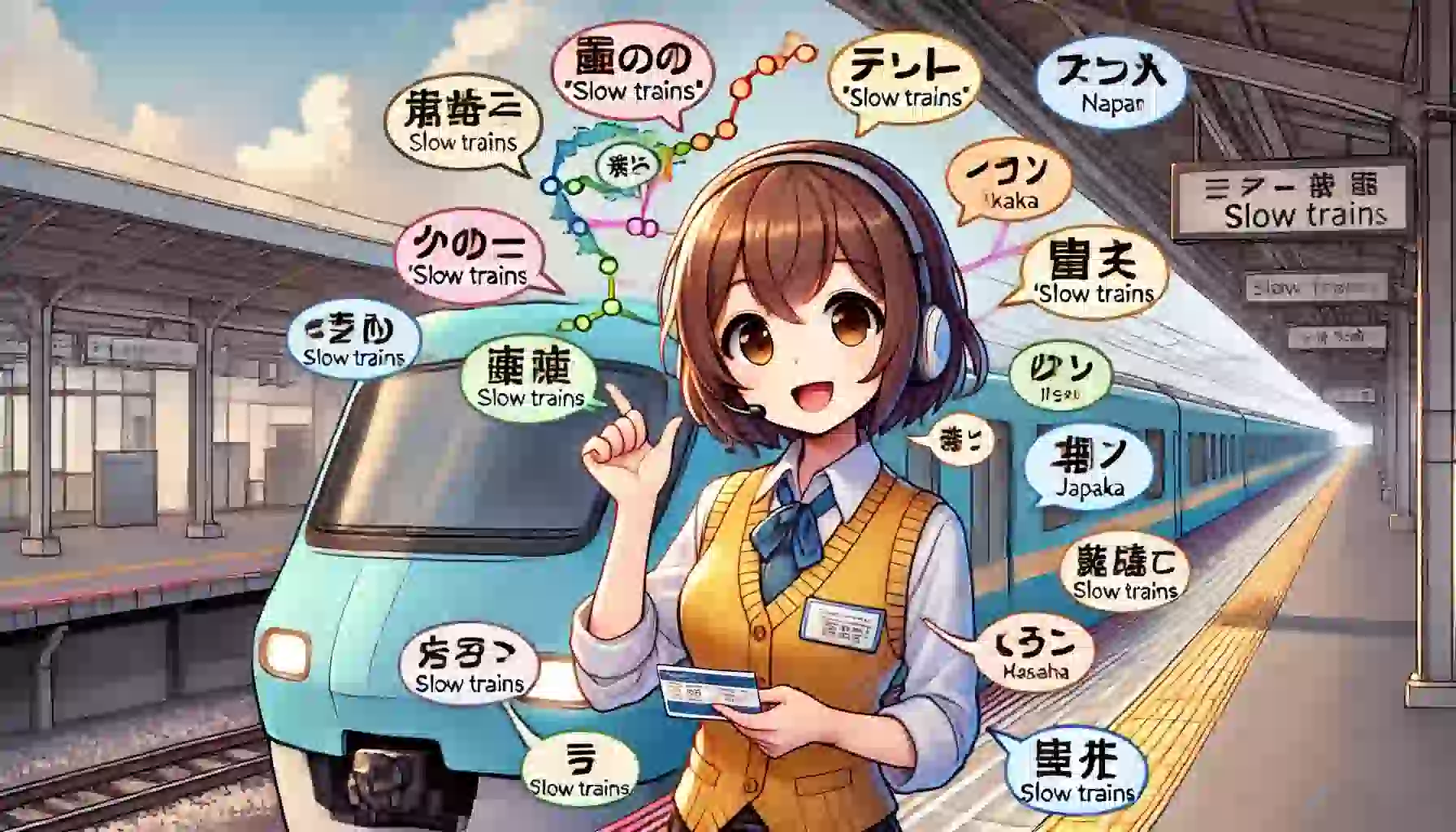 「鈍行の地域別呼び方」をテーマにしたアイキャッチ画像です。各地域の表現を盛り込んで、日本の方言の多様性を楽しく伝えるデザインになっています。