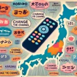 中央にテレビのリモコンが配置され、周囲には「チャンネルまわして」や「テレビけれ」など、地域ごとの方言表現がカラフルで楽しいフォントで描かれています。