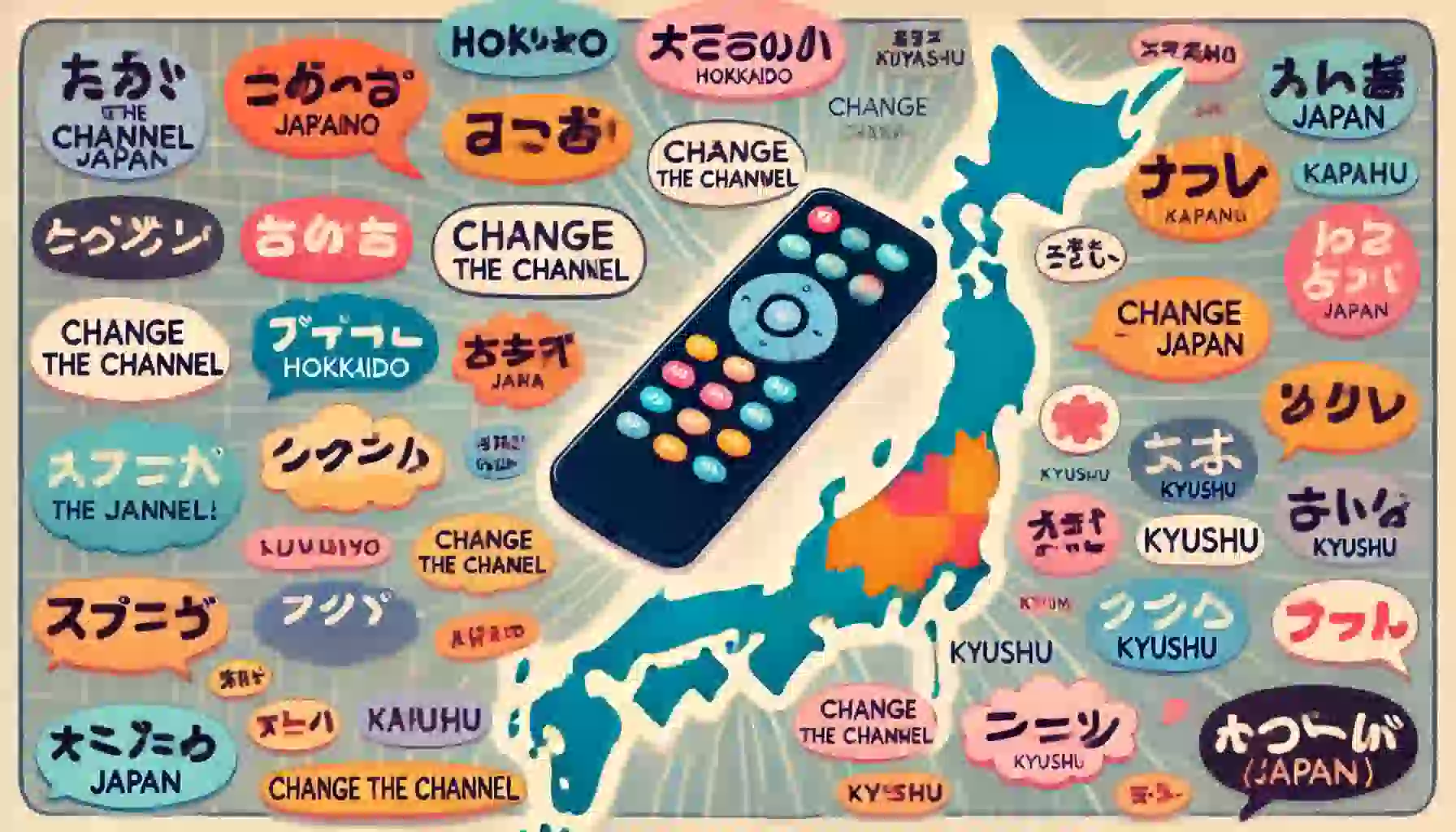 中央にテレビのリモコンが配置され、周囲には「チャンネルまわして」や「テレビけれ」など、地域ごとの方言表現がカラフルで楽しいフォントで描かれています。