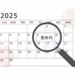2025年のカレンダーと虫眼鏡。令和何年かを調べるイメージ。