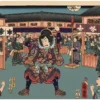 江戸時代の賑やかな町中で、奇抜な衣装を着た見世物芸人「べらんぼう」が芸を披露している様子を描いた浮世絵風のイラスト。「べらぼう」の語源を象徴している。