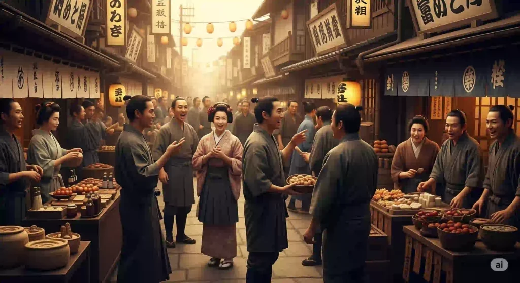 活気のある江戸時代の下町の通り。職人や商人たちが店の前で集まり、身振り手振りを交えて威勢よく会話しており、江戸の文化と人情が感じられる。