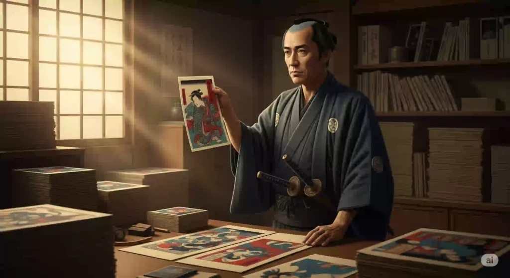 江戸時代の版元・蔦屋重三郎が、書斎で浮世絵の版木に囲まれている。常識を打ち破る「べらぼう」な精神を体現するように、鋭く挑戦的な眼差しで作品を見つめている。
