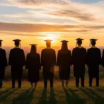 卒業を象徴する、朝日が昇る丘の上で未来を見つめる卒業生たちのシルエット。希望に満ちた新しい門出を表す画像。