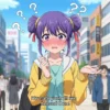 方言が通じず赤面するアニメ風の若い女性。背景は都会の風景で「？」マークが浮かんでいる。
