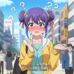 方言が通じず赤面するアニメ風の若い女性。背景は都会の風景で「？」マークが浮かんでいる。