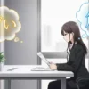 「是非」と「ぜひ」の正しい使い方について考えるビジネスパーソンのアニメ風イラスト。女性の頭上に、ひらがなの「ぜひ」と漢字の「是非」が浮かんでいる。
