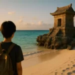 沖縄の白い砂浜に立ち、琉球石灰岩の古代モニュメントを見つめる若者。ターコイズブルーの海と夕日の光が、過去と現在のつながりを象徴するように照らしている。