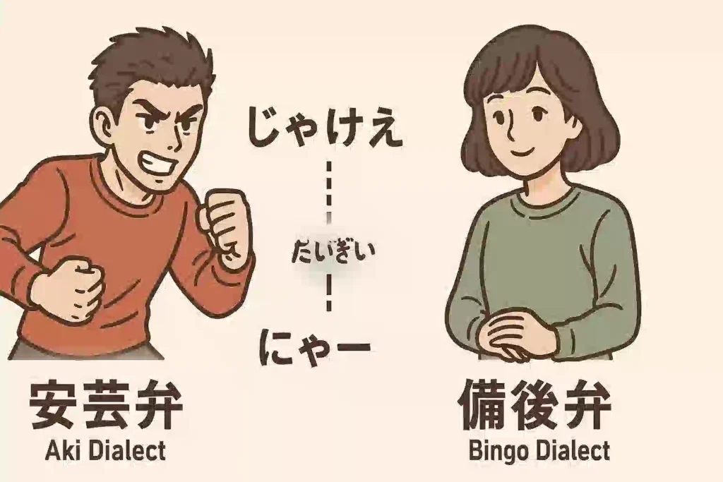 安芸弁を象徴する力強い男性と、備後弁を象徴する穏やかな女性が並び立ち、それぞれの言葉の特徴を比較しているイラスト。