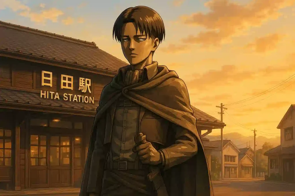 大分県日田駅前に立つリヴァイ兵長の銅像を描いたアニメ風イラスト。『進撃の巨人』と作者の故郷・大分の繋がりの象徴。