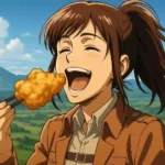 『進撃の巨人』のサシャ・ブラウスが、大分の雄大な自然を背景に名物のとり天を幸せそうに食べているイラスト。彼女の言葉が大分弁であることを象徴している。