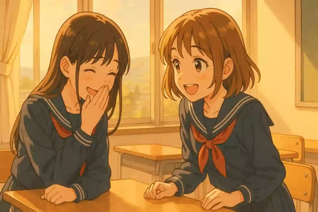 陽の光が差し込む放課後の教室で、楽しそうにおしゃべりをする二人の女子高生。「えらしい」という大分弁の持つ、可愛らしく温かい世界観を表現している。