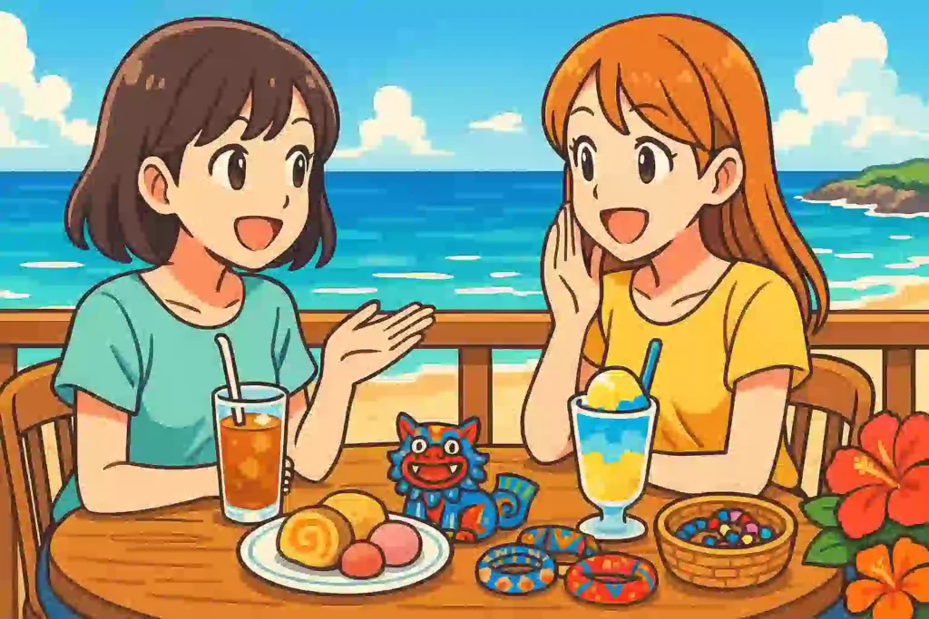 海が見えるカフェで、二人の女性が「ゆんたく(おしゃべり)」を楽しんでいるイラスト。「ありんくりん」と並べられたカラフルな商品が、かわいい方言の楽しさを表現している。