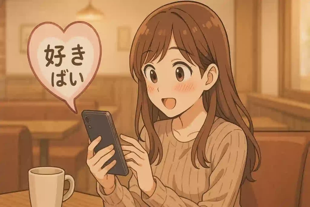 カフェでスマホを見てドキッとしている女性。スマホからは「好きばい」という長崎弁のフキダシが出ており、方言の告白の魅力を表現している。
