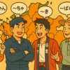 福岡県の地図を背景に、博多・北九州・筑豊・筑後を象エンブレムする4人の男女が、それぞれの代表的な方言の語尾（～っちゃん、～ちゃ、～き、～ばい）が書かれた吹き出しと共に楽しそうに話しているイラスト。