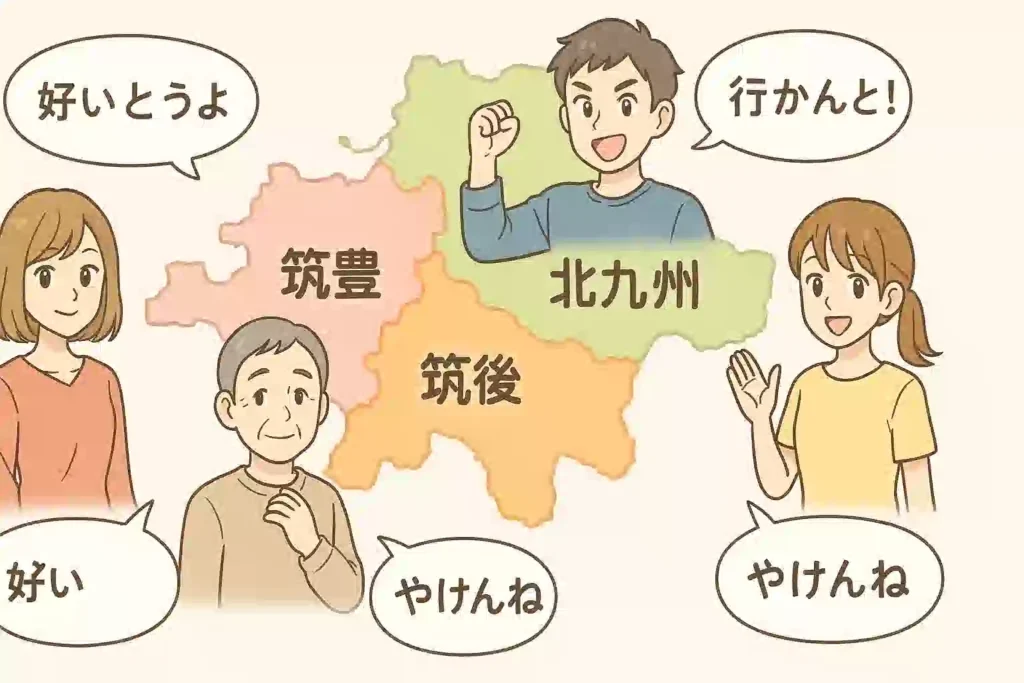 福岡県の地図が博多、北九州、筑豊、筑後の4つのエリアに色分けされ、各地域を象徴するキャラクターが代表的な方言を話しているイラスト。