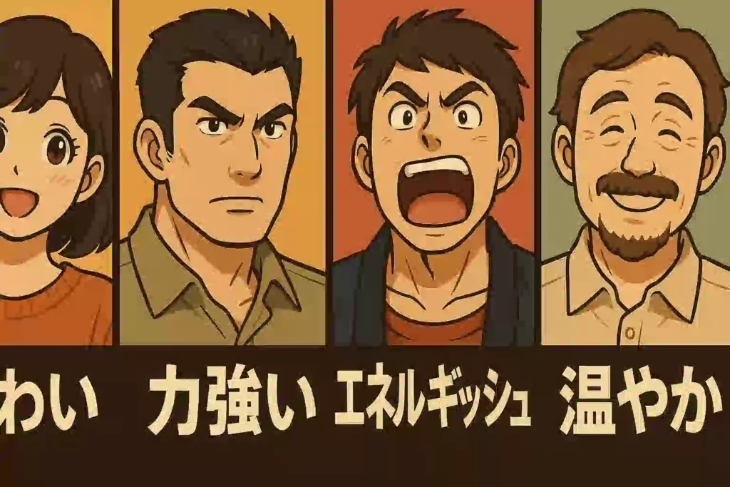 4分割された画面に、博多弁の「かわいい」、北九州弁の「力強い」、筑豊弁の「エネルギッシュ」、筑後弁の「穏やか」という印象をそれぞれ体現した男女の表情が描かれているイラスト。