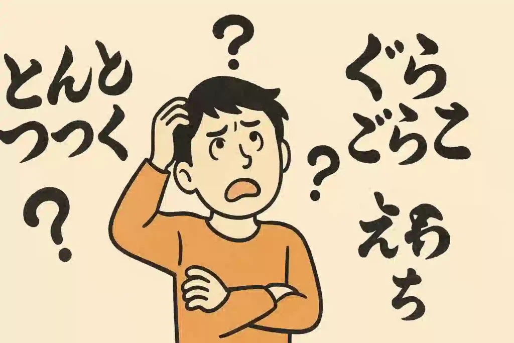「とんぴんつく」などの難しい福岡の方言を見て、腕を組んでうなっている男性のコミカルなイラスト。クイズの上級編を表現している。