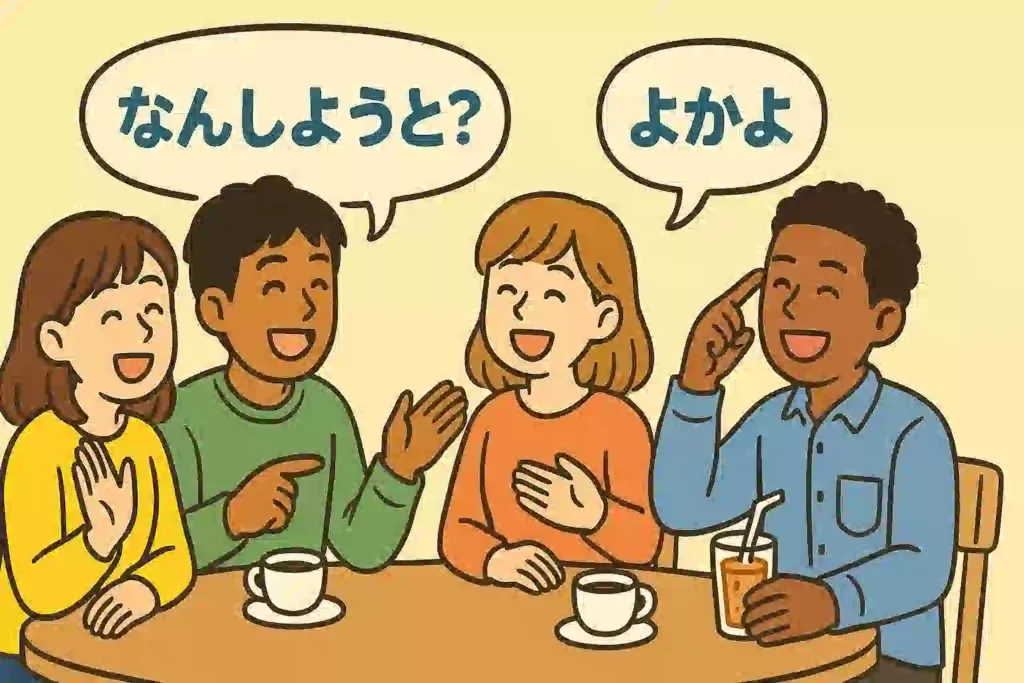カフェで福岡方言クイズを出し合って楽しんでいる友人たちのイラスト。「なんしようと?」「よかよ」といった吹き出しが描かれている。