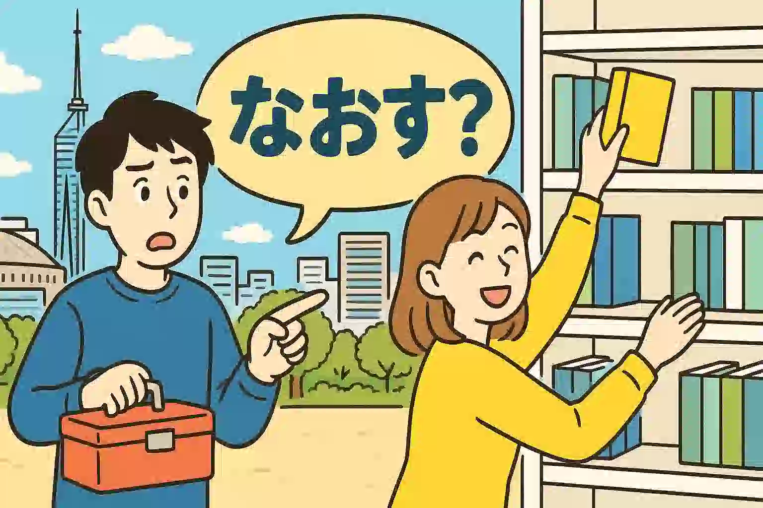 福岡の街を背景に、「なおす」という言葉に戸惑う男性と、棚を片付けている女性が描かれたイラスト。福岡方言クイズのアイキャッチ画像。