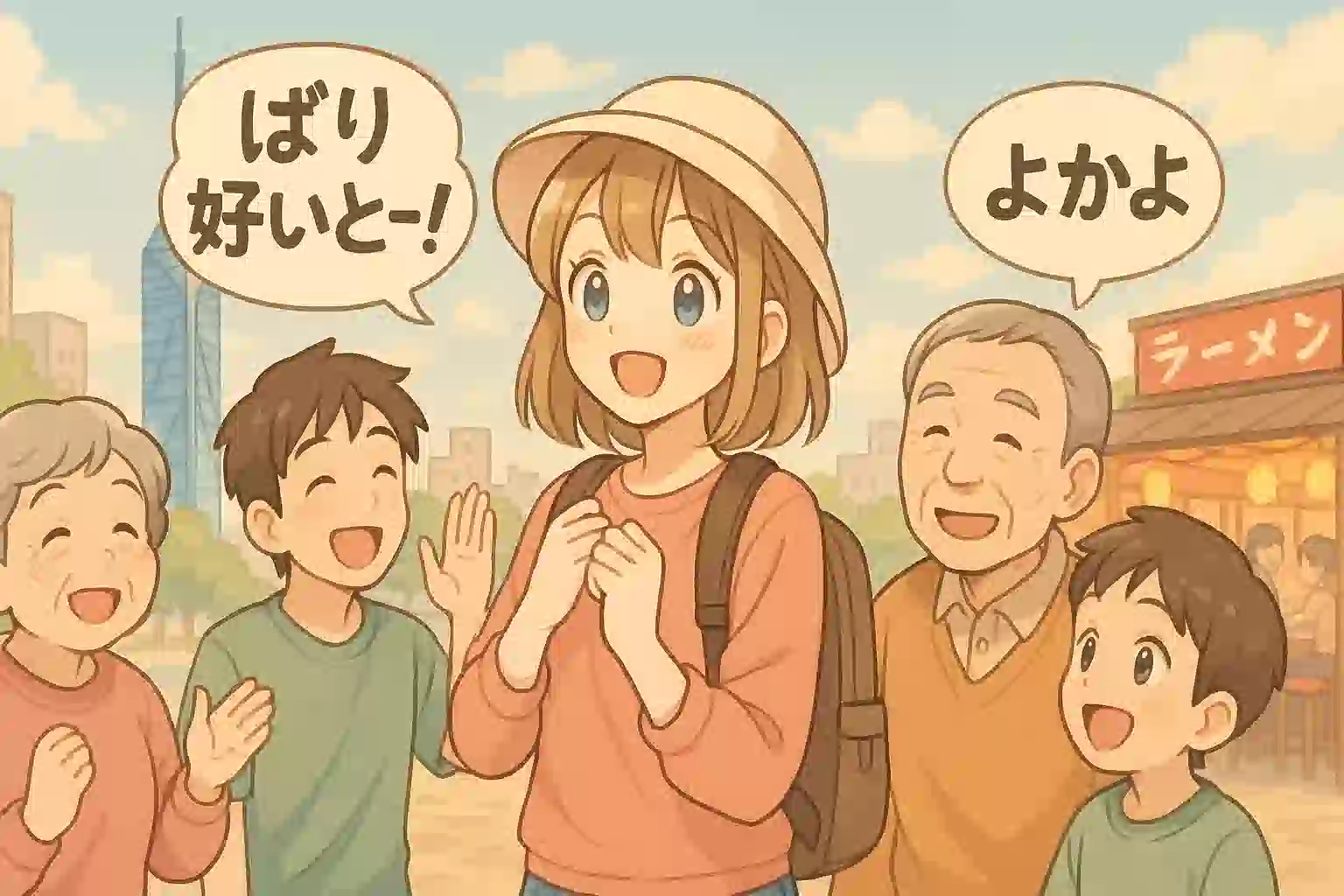 福岡タワーや屋台を背景に、旅行者と地元の人々が「ばり好いとー！」などの福岡の方言で楽しそうに交流しているイラスト。