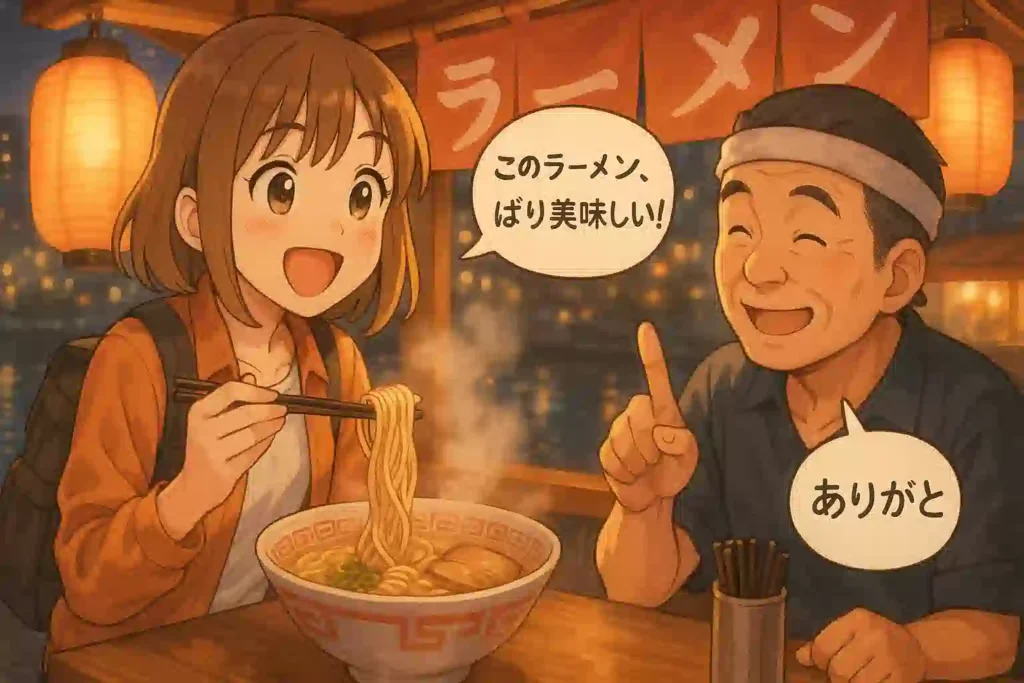 福岡の屋台で、女性旅行者がラーメンの美味しさに感動し、「ばり美味しい！」と店主に伝えている温かい雰囲気のイラスト。