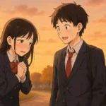 夕暮れの公園で、博多弁で好きな人に告白する少し照れた表情の女の子と、それを受けて嬉しそうに驚く男の子が描かれたイラスト。