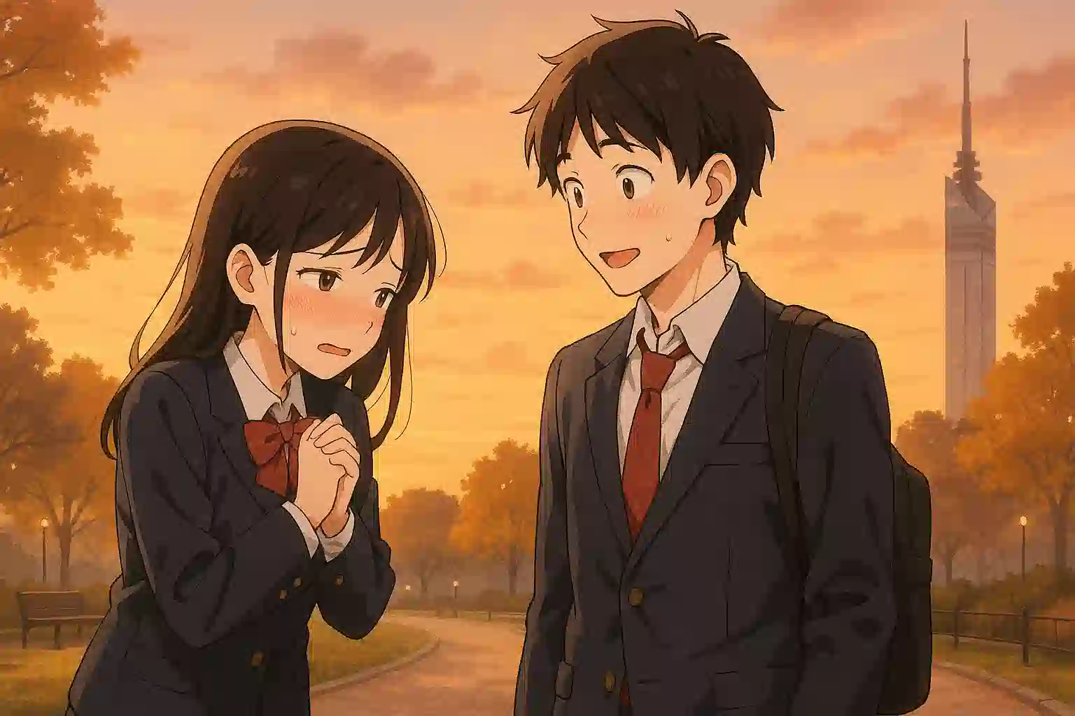 夕暮れの公園で、博多弁で好きな人に告白する少し照れた表情の女の子と、それを受けて嬉しそうに驚く男の子が描かれたイラスト。