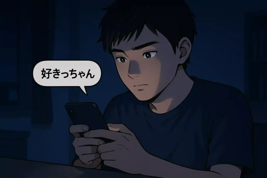 夜、自分の部屋でスマートフォンを手に持ち、「好きっちゃん」という告白メッセージを真剣な表情で打とうとしている男性。これから告白するという実践前の緊張感が伝わるイラスト。