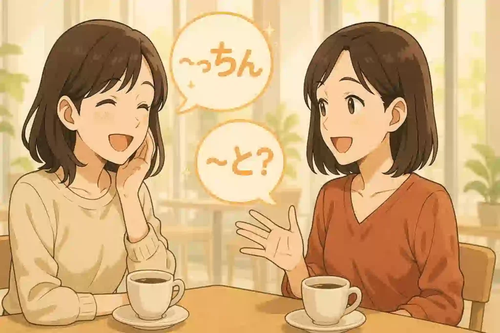 おしゃれなカフェで楽しそうにおしゃべりする二人の女性。「~っちゃん」などの博多弁がキラキラしたフキダシとして周りに浮かんでおり、博多弁のかわいらしさの秘密を表現している。