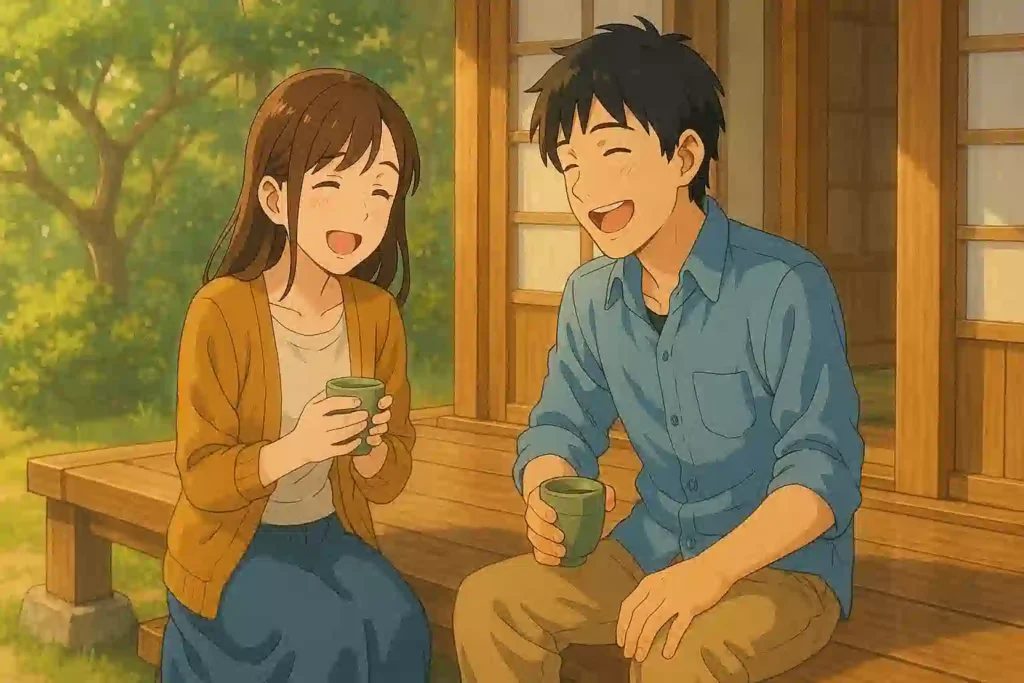 縁側で楽しそうにお茶を飲みながら談笑する若い男女。宮崎弁の持つ温かく優しい雰囲気を表現している。