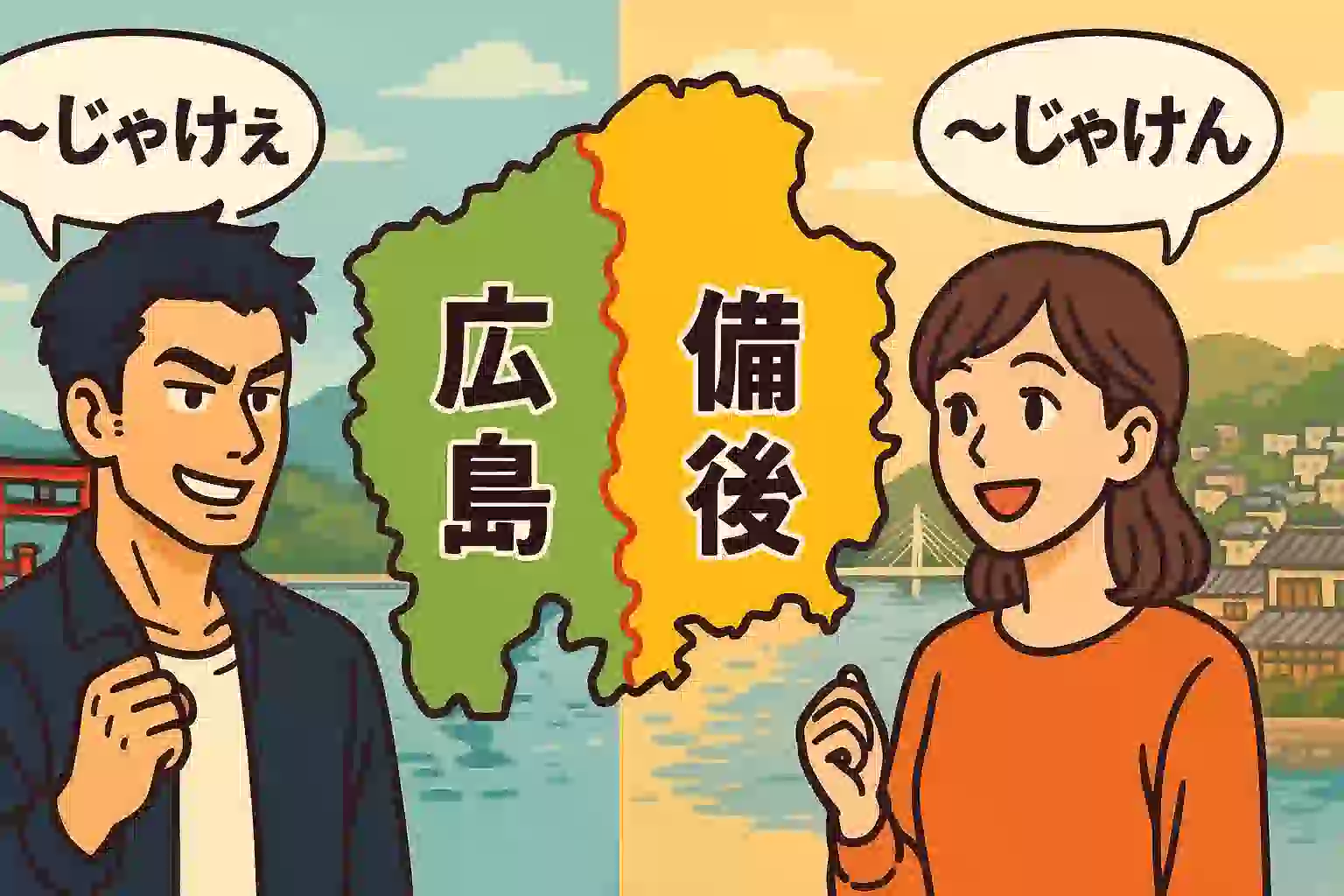 広島県の地図を挟んで、西側（安芸）の男性「〜じゃけぇ」と東側（備後）の女性「〜じゃけん」が向き合う、広島弁の地域差を表したイラスト。
