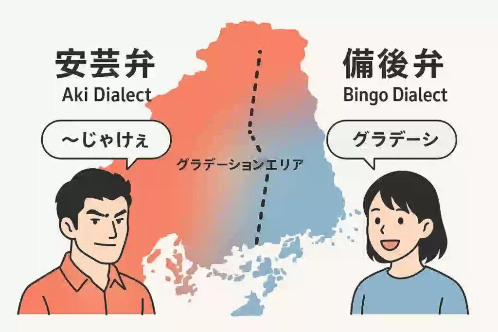 広島県の地図が西の安芸弁エリア（赤色）と東の備後弁エリア（青色）に色分けされ、中央の三原市あたりに言葉が混じる境界線が示されているイラストマップ。