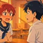 夕暮れの教室で、普段はサバサバしている女子高生が顔を真っ赤にして男子生徒に真剣な表情で告白している、広島弁のギャップ萌えを象徴するイラスト。