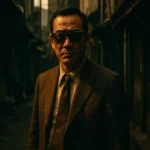 1970年代の日本映画のワンシーン。サングラスをかけた強面の男性が広島の薄暗い路地裏に立ち、広島弁の持つ「怖い」イメージを象徴している。