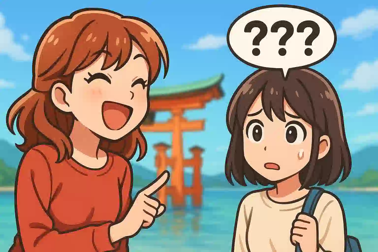 標準語と広島弁のすれ違いをテーマにしたイラスト。広島出身の女性と話す東京の友人が、頭に「？？？」を浮かべて困惑している様子。背景には厳島神社の大鳥居が描かれている。