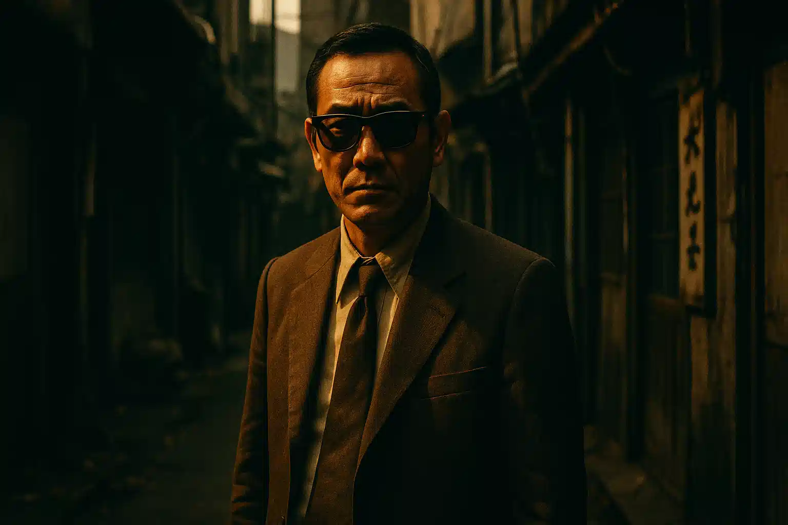 1970年代の日本映画のワンシーン。サングラスをかけた強面の男性が広島の薄暗い路地裏に立ち、広島弁の持つ「怖い」イメージを象徴している。