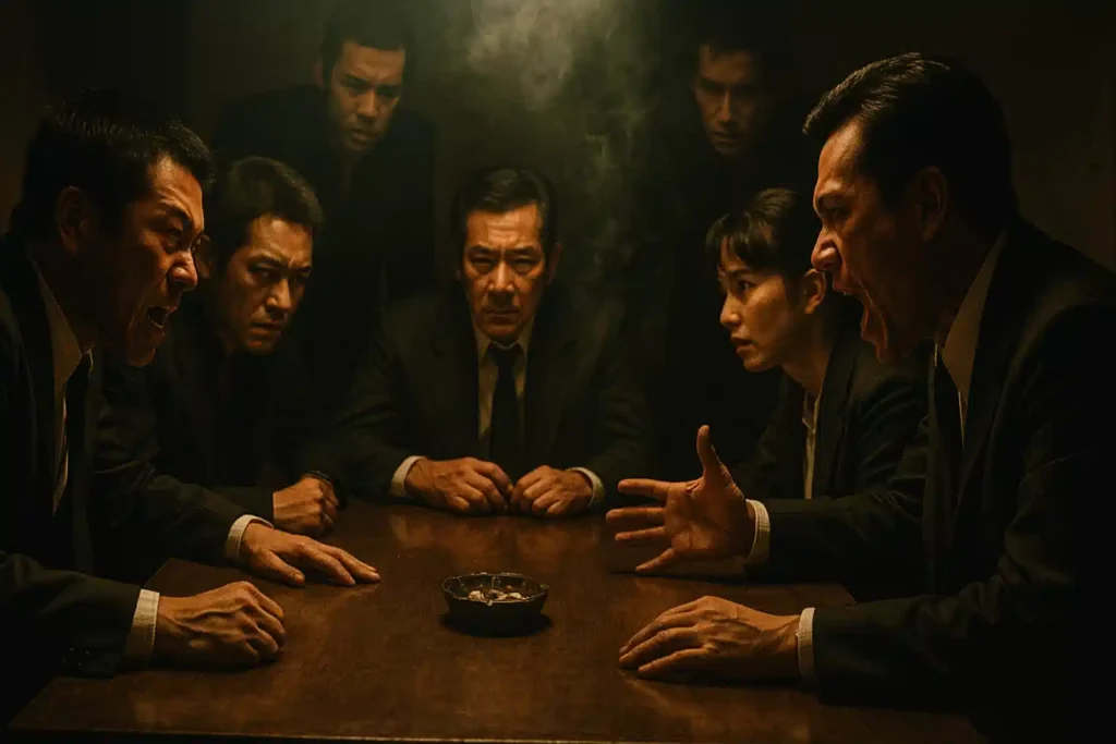 映画『仁義なき戦い』の一場面のような、薄暗い部屋でスーツ姿の男たちが激しく議論している様子。広島弁が怖いと思われる理由を視覚的に表現している。