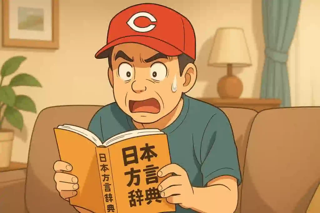 広島カープの帽子をかぶった男性が方言の辞書を読み、「これも方言だったのか!」と衝撃を受けているコミカルなイラスト。