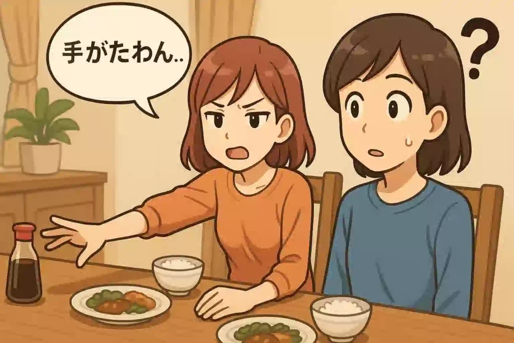 食卓で醤油に手が届かない(たわん)女性が困っており、その言葉の意味が分からず県外の家族がキョトンとしている、広島弁「たわん」を解説するイラスト。
