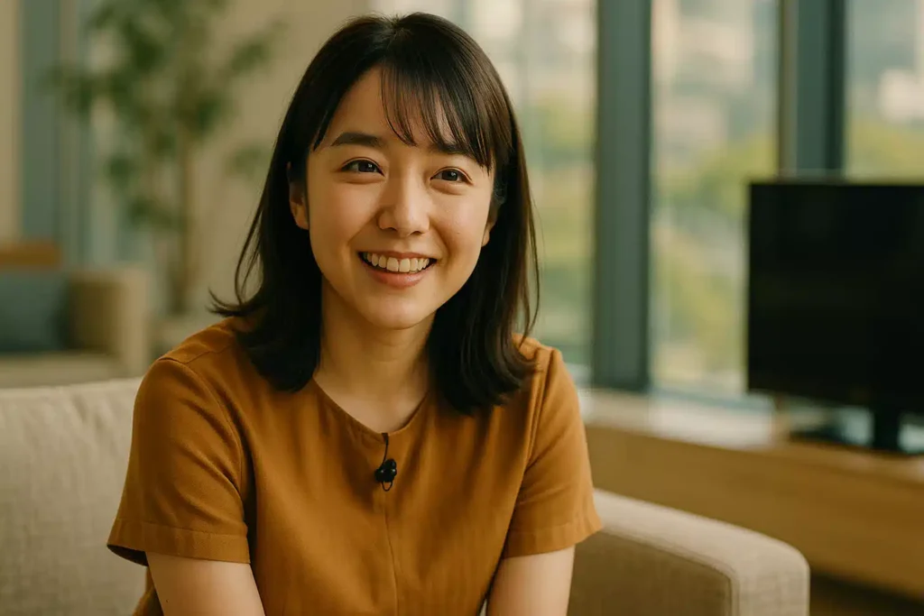 テレビ番組のインタビュー中、柔らかな笑顔を見せる鹿児島出身の若手女優。上白石萌音のような親しみやすい雰囲気を表現。