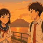 夕日を背景に桜島が見える帰り道で、男子生徒に恥ずかしそうに話しかける女子生徒のアニメ風イラスト。鹿児島弁での告白をテーマにしたブログ記事のアイキャッチ画像。