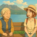 雄大な桜島を背景に、鹿児島のおばあちゃんと若い女性観光客が鹿児島弁で心温まる交流をしている、温かみのあるアニメ風イラスト。