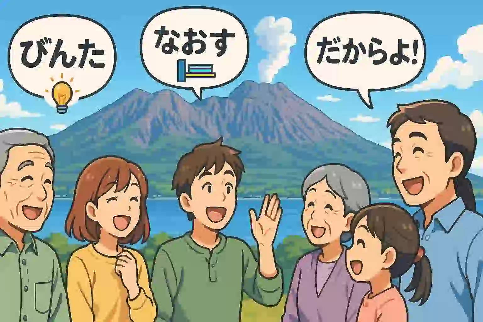 雄大な桜島を背景に、老若男女が「びんた」「なおす」といった面白い鹿児島弁の吹き出しを浮かべながら、楽しそうに会話しているアニメ風のアイキャッチ画像。
