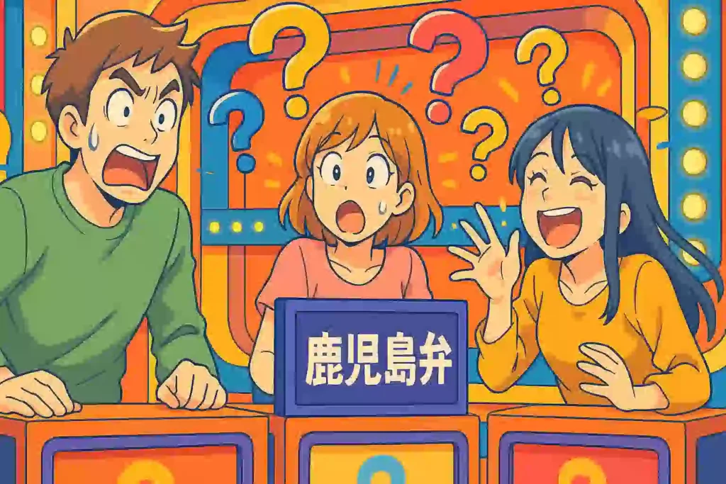 テレビのクイズ番組を舞台に、3人の男女が鹿児島弁クイズに挑戦し、驚いたり爆笑したりしているコミカルなアニメ風イラスト。