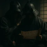 江戸時代の薩摩藩士二人が、暗い和室で巻物を見ながら密談している、鹿児島弁のスパイ言語説を象徴するミステリアスな画像。
